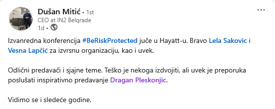 Preporuka IN2 na LinkedInu za predavanje Dragan Pleskonjic